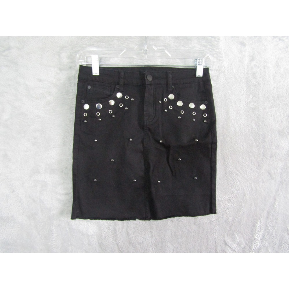 Hudson Aura Studded Black Denim Mini Skirt Distressed‎ Frayed Hem Stretch